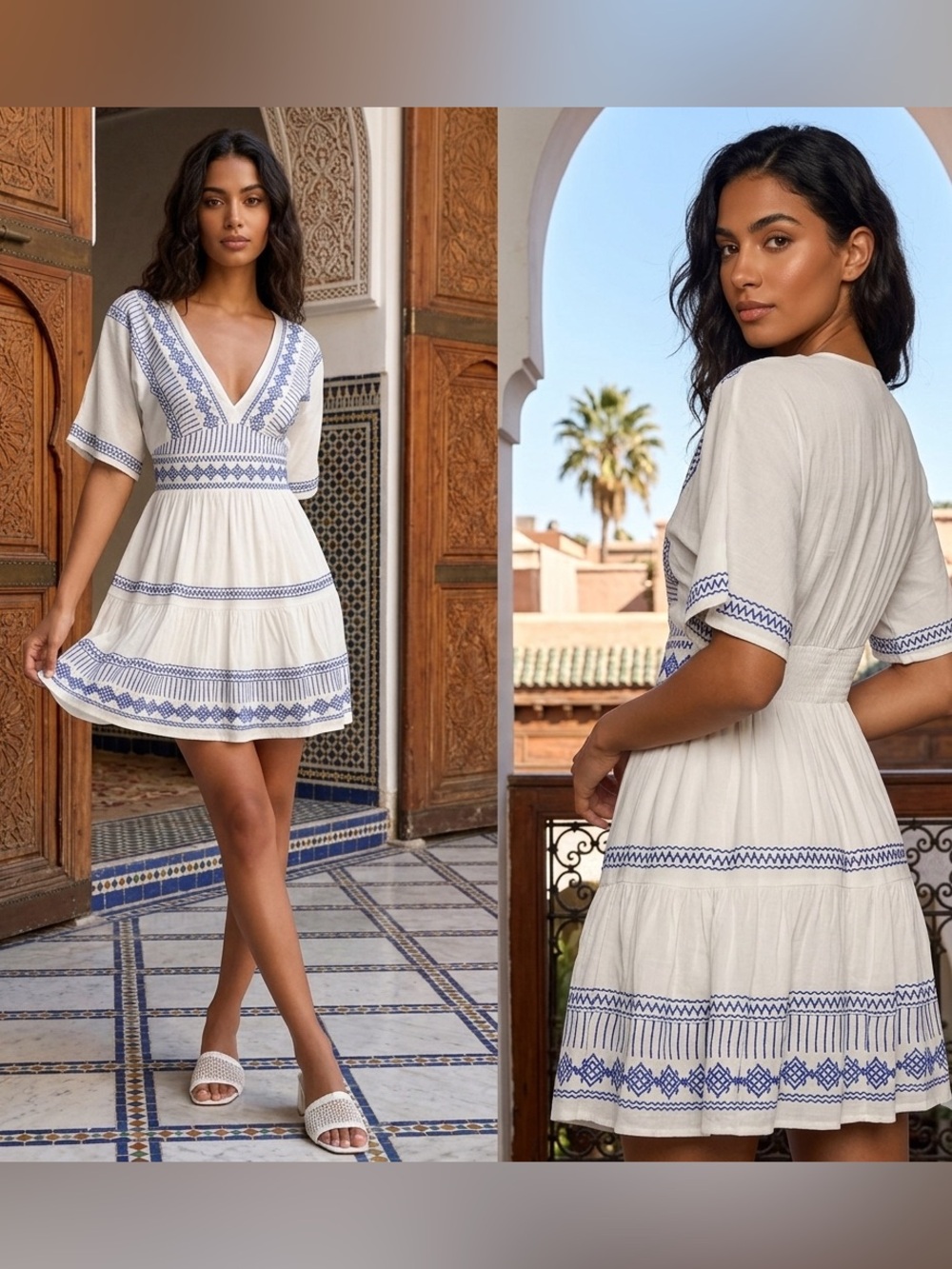 Lulus Gone to Greece White Embroidered Short Sleeve V- Neck Mini Dress Size M